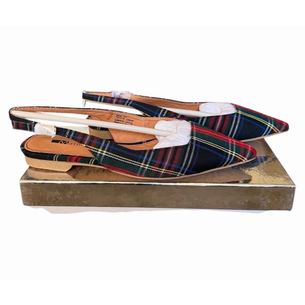Matiko Lori Green Tartan Plaid Slingback Pointed Toe Flats Women’s Size 37 NIB - Picture 6 of 15